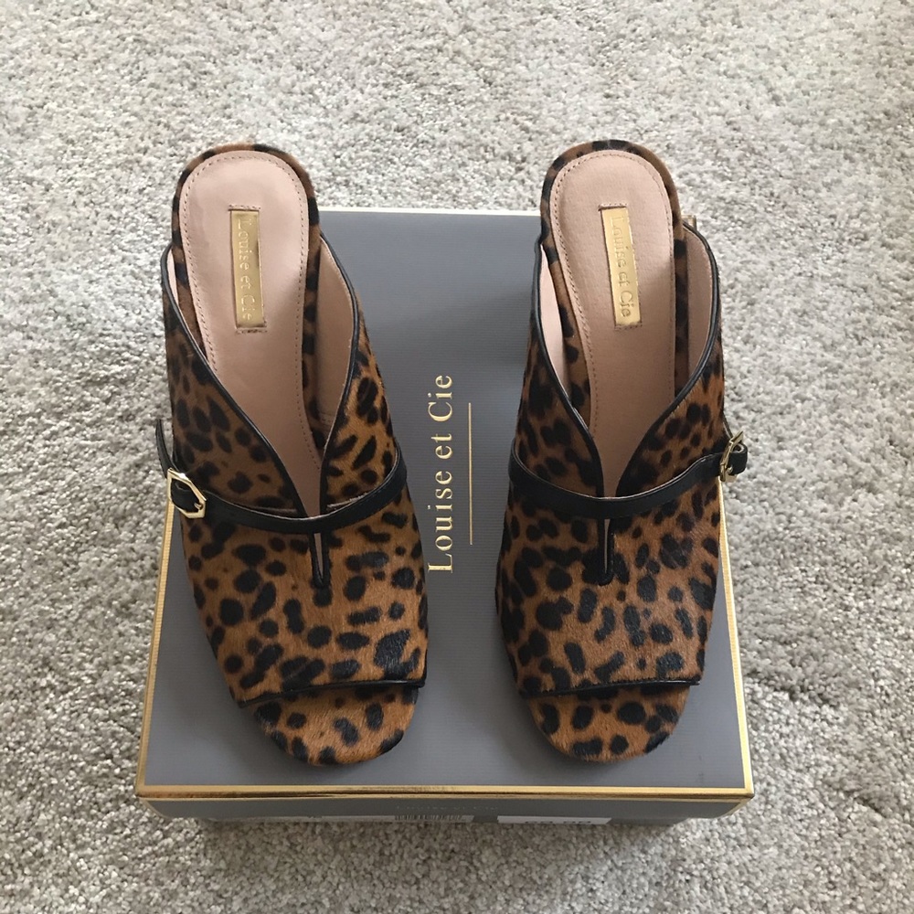 leopard print peep toe mules, 3” heel